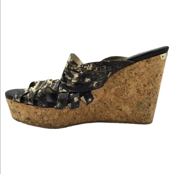 Jimmy Choo Women’s Snakeskin Embossed Leather and Cork Slide Wedge Sandals - Picture 6 of 16
